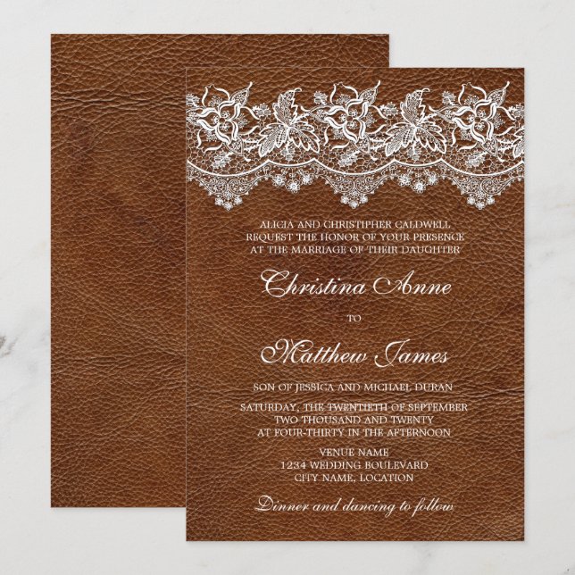 Invitación Boda de aspecto de cuero y encaje (Anverso / Reverso)