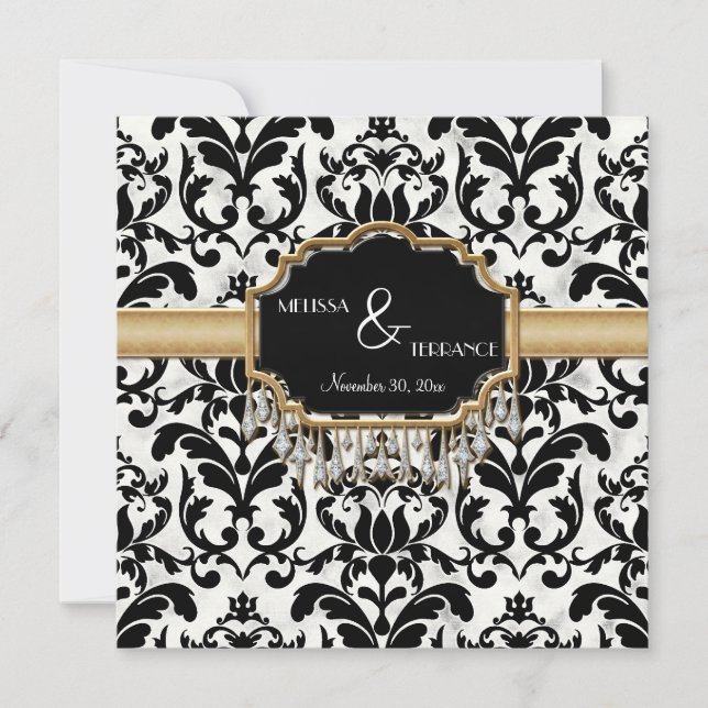Invitación Boda de aspecto de dorado de Damask con problemas  (Anverso)