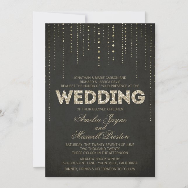Invitación Boda de aspecto de Purpurina negro y dorado (Anverso)