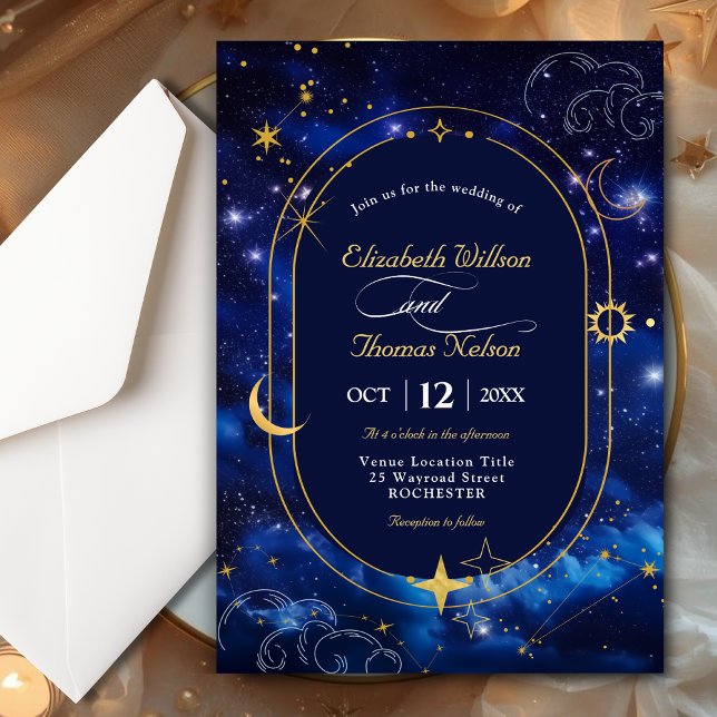 Invitación Boda de astronomía celeste mística luna oro azul (Subido por el creador)
