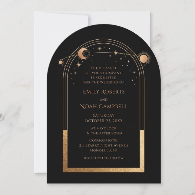 Invitación Boda de Astronomía Celestial Black Gold Sun Moon (Anverso)