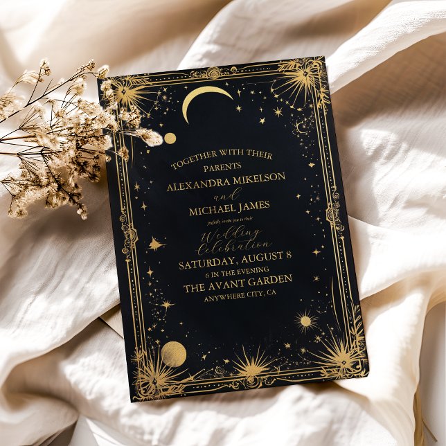 Invitación Boda de Astronomía Celestial Black Gold Sun Moon (Subido por el creador)