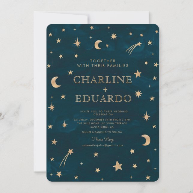 Invitación Boda de astronomía lunar de las estrellas de oro c