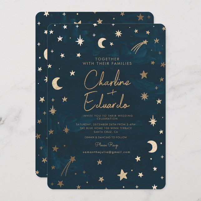 Invitación Boda de astronomía lunar de las estrellas de oro c (Subido por el creador)