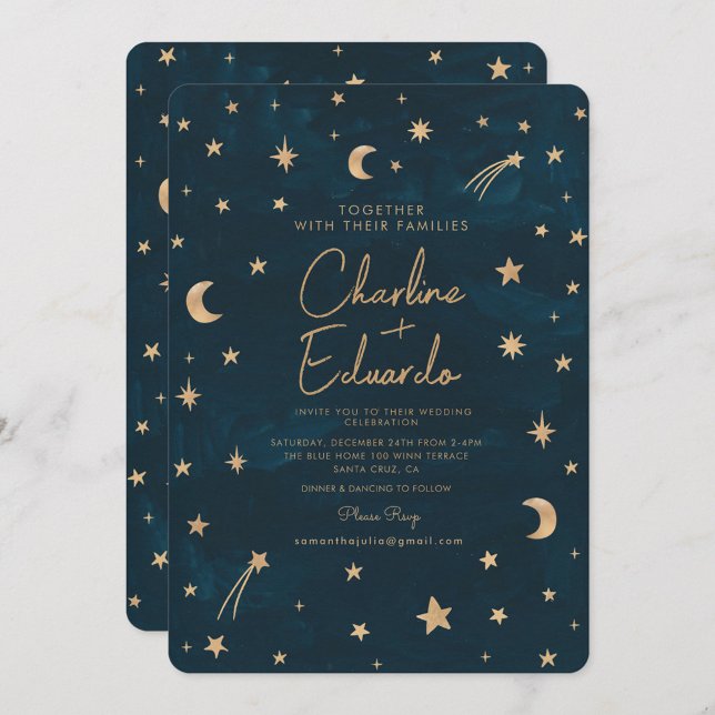 Invitación Boda de astronomía lunar de las estrellas de oro c (Subido por el creador)