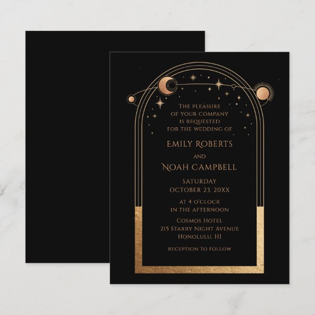 Invitación Boda de Astronomía Mystical Black Gold Sun Moon (Anverso / Reverso)