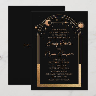 Invitación Boda de Astronomía Mystical Black Gold Sun Moon