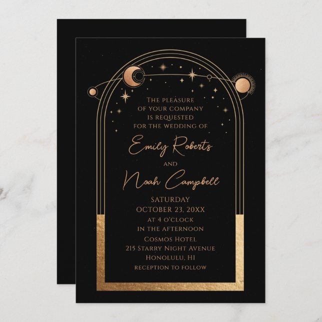 Invitación Boda de Astronomía Mystical Black Gold Sun Moon (Anverso / Reverso)