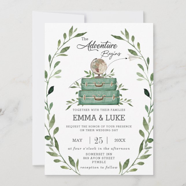 Invitación Boda de aventura verde Viaje en maleta (Anverso)
