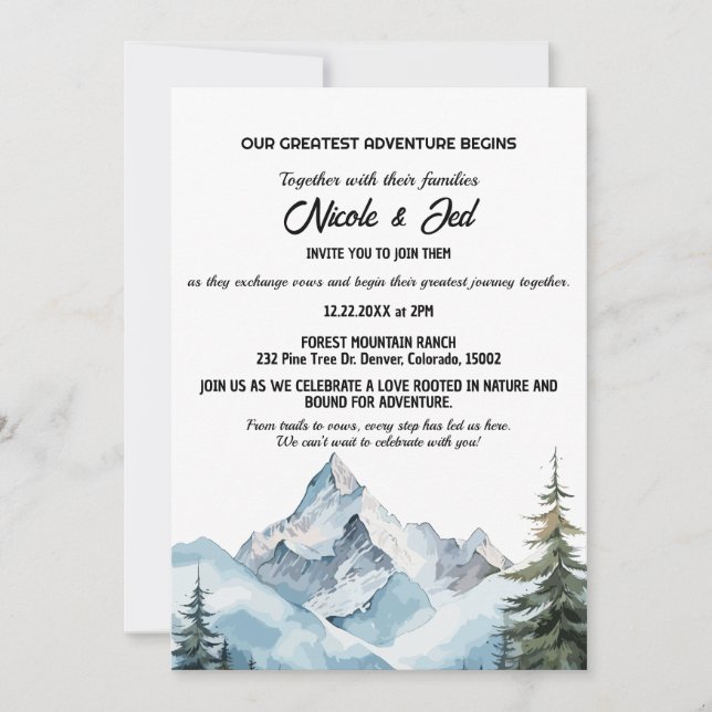 Invitación Boda de aventuras de Rustic Mountain Outdoorsy (Anverso)