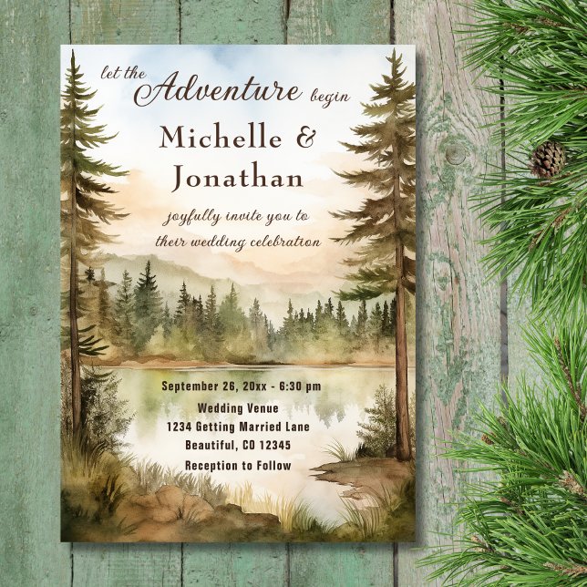 Invitación Boda de aventuras Rustic Watercolor Woodland Lake (Front - Rustic Watercolor Woodland Lake Adventure Wedding Invitation)