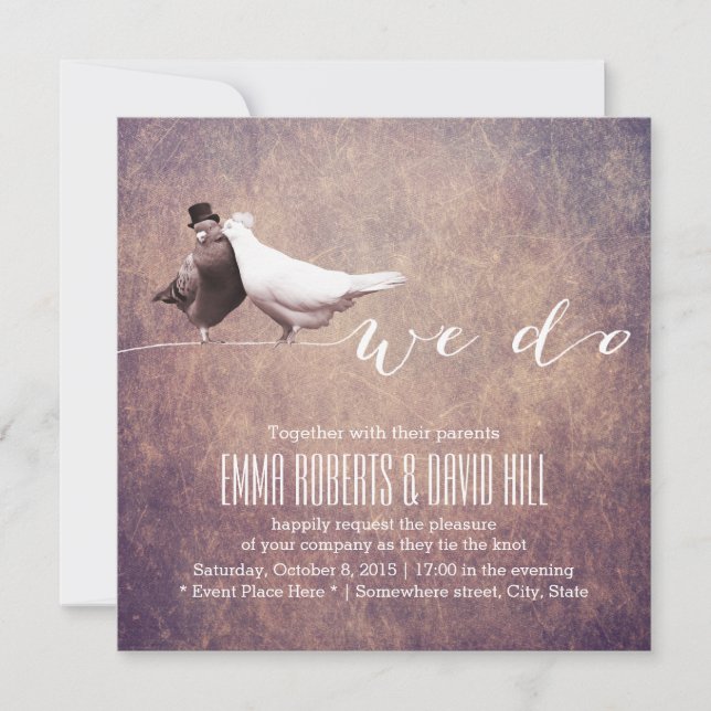 Invitación Boda de Aves Amantes Grunge Artístico (Anverso)