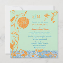 Invitación Boda de Aves Amantes Mint & Naranja