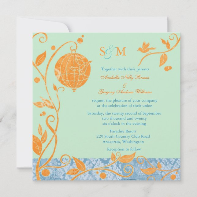 Invitación Boda de Aves Amantes Mint & Naranja (Anverso)