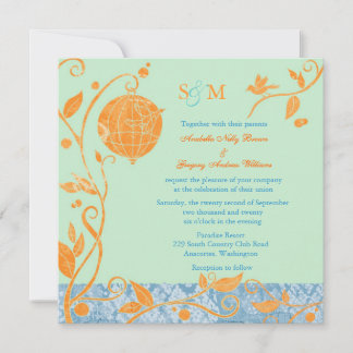Invitación Boda de Aves Amantes Mint & Naranja