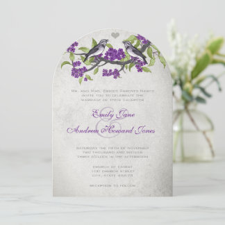 Invitación Boda de Aves Amantes Vintage Púrpura y Gris