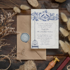 Invitación Boda de Aves Amores Vintage Blue Birdcage Oak