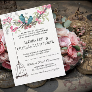 Invitación Boda de Aves con flores de cerezo rosa y turquesa
