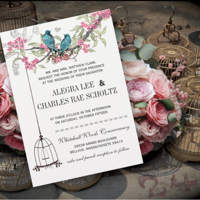 Invitación Boda de Aves con flores de cerezo rosa y turquesa (Subido por el creador)