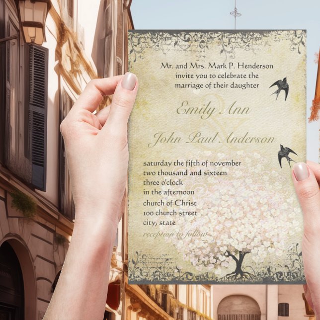 Invitación Boda de Aves de Amo de Árbol Rosa de Hoz Romántica (Subido por el creador)