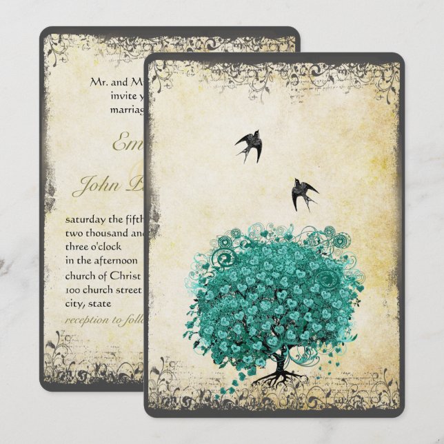 Invitación Boda de Aves de Amo de Árbol Verde azulado Románti (Anverso / Reverso)