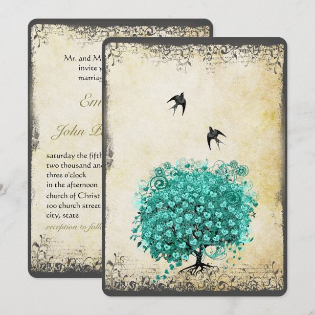 Invitación Boda de Aves de Amo de Árbol Verde azulado Románti (Anverso / Reverso)
