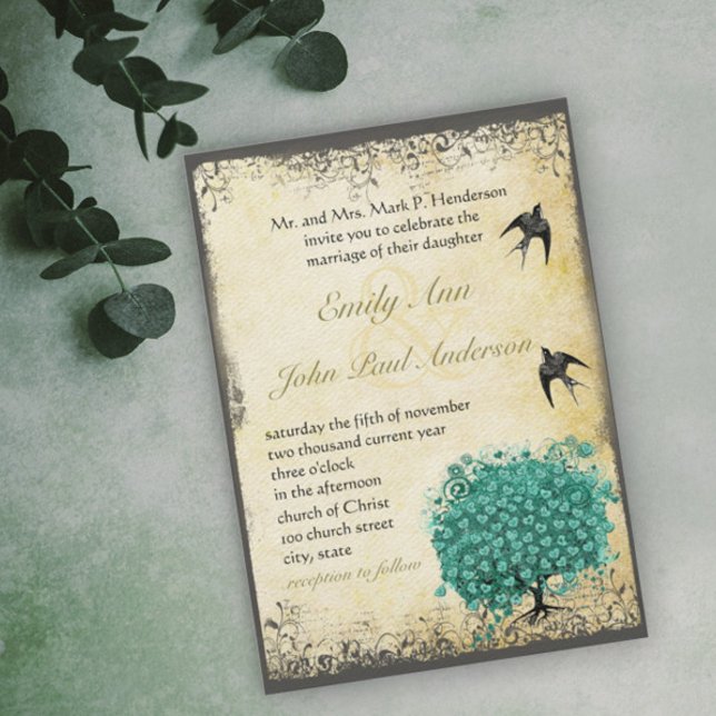 Invitación Boda de Aves de Amo de Árbol Verde azulado Románti (Subido por el creador)