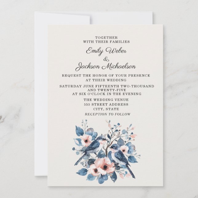 Invitación Boda de aves florales rosadas de la Marina Rubor (Anverso)