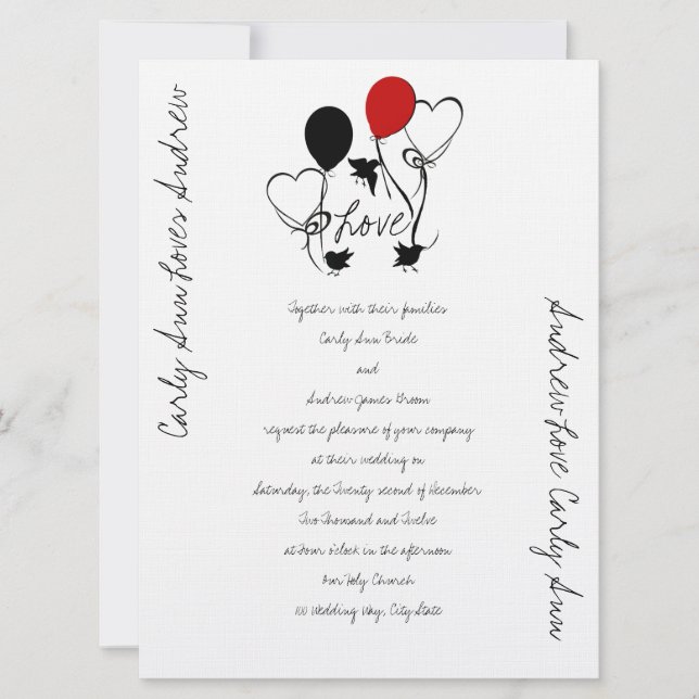 Invitación Boda de Aves, Globos y Corazones (Anverso)