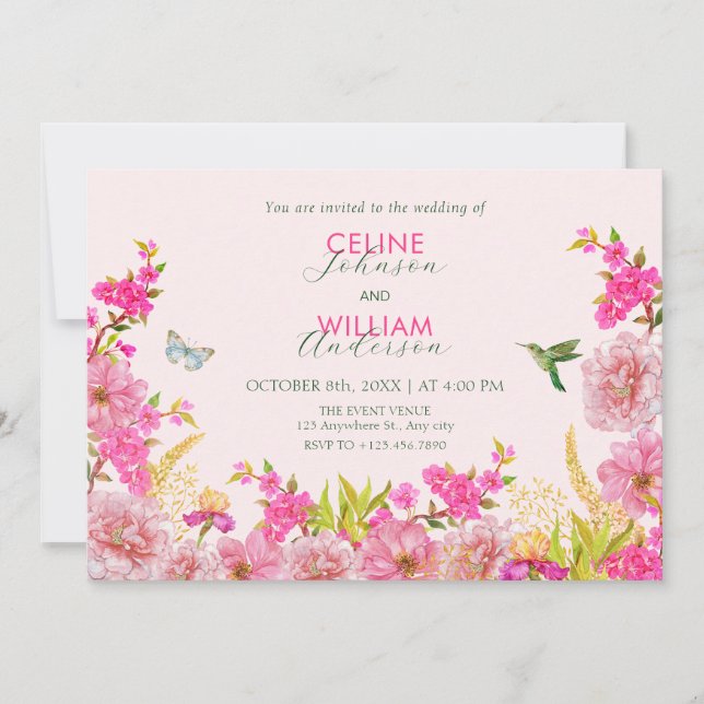Invitación Boda de aves tropicales con acuarela floral rosa (Anverso)