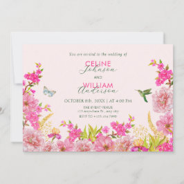 Invitación Boda de aves tropicales con acuarela floral rosa