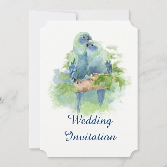Invitación Boda de aves tropicales de loro azul acuarela (Anverso)