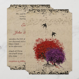Invitación Boda de Aves Vintage de Árbol Rojo de la Hoja del