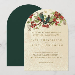 Invitación Boda de Aves Vintage de la Rama de Flores Rojas