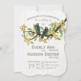 Invitación Boda de Aves Vintage Gris Amarillo y Verde Azul