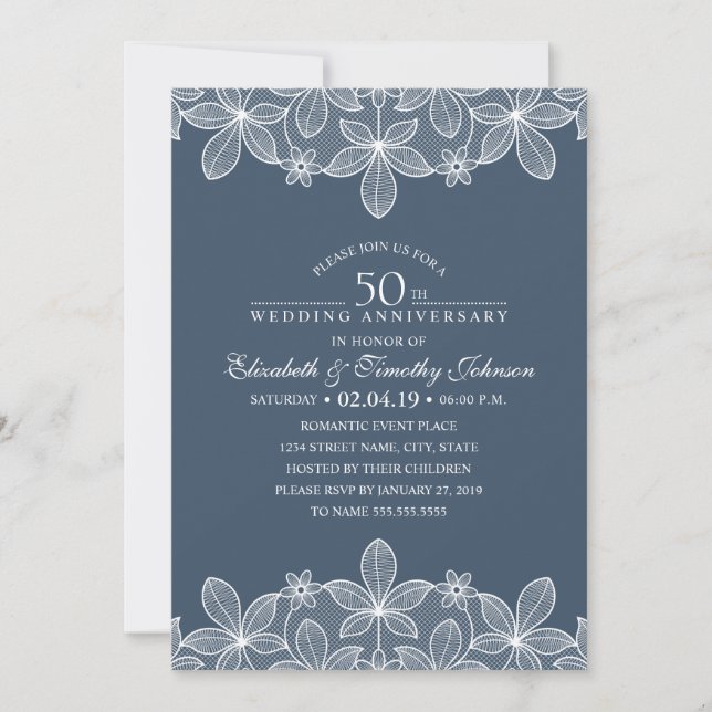 Invitación Boda de Azul Marino 50 Aniversario de Bodas Encaje (Anverso)