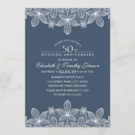 Invitación Boda de Azul Marino 50 Aniversario de Bodas Encaje