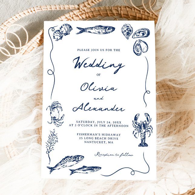 Invitación Boda de Azul Marino Costero Caprichoso Dibujado a  (Subido por el creador)