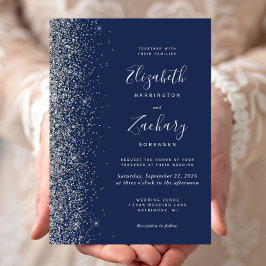 Invitación Boda de azul marino moderno con borde de brillo pl
