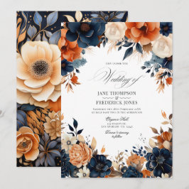 Invitación Boda de Azul Marino, Naranja Quemado y Champán