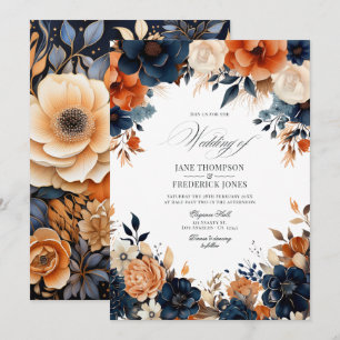 Invitación Boda de Azul Marino, Naranja Quemado y Champán