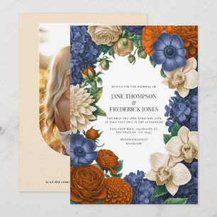 Invitación Boda de Azul Marino, Naranja Quemado y Champán
