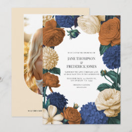 Invitación Boda de Azul Marino, Naranja Quemado y Champán