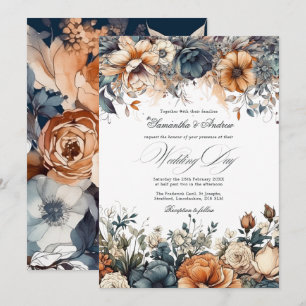 Invitación Boda de Azul Marino, Naranja Quemado y Champán