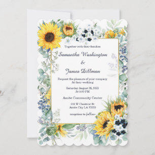 Invitación Boda de azul marino y girasoles 