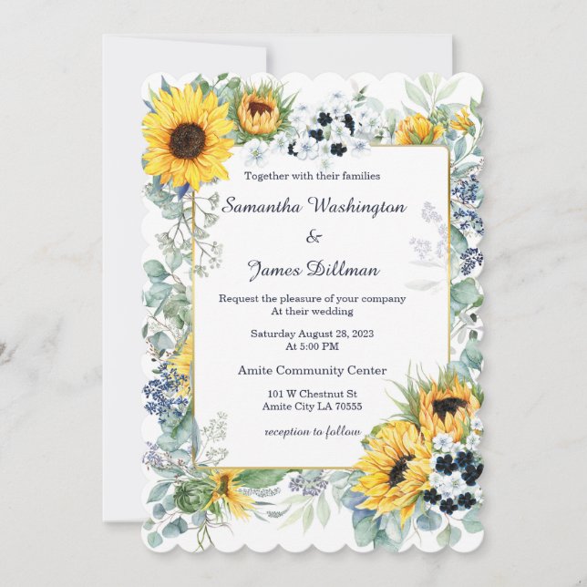 Invitación Boda de azul marino y girasoles  (Anverso)