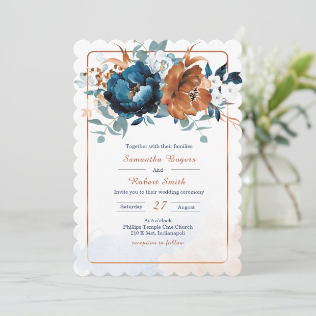 Invitación Boda de Azul Marino y Naranja Quemada (Anverso de pie)