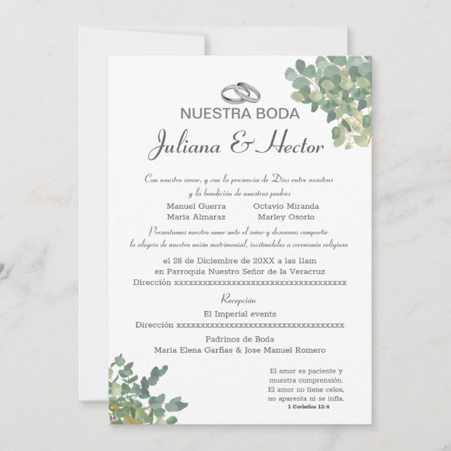Invitación Boda de Azul Pastel y Verdor  (Anverso)