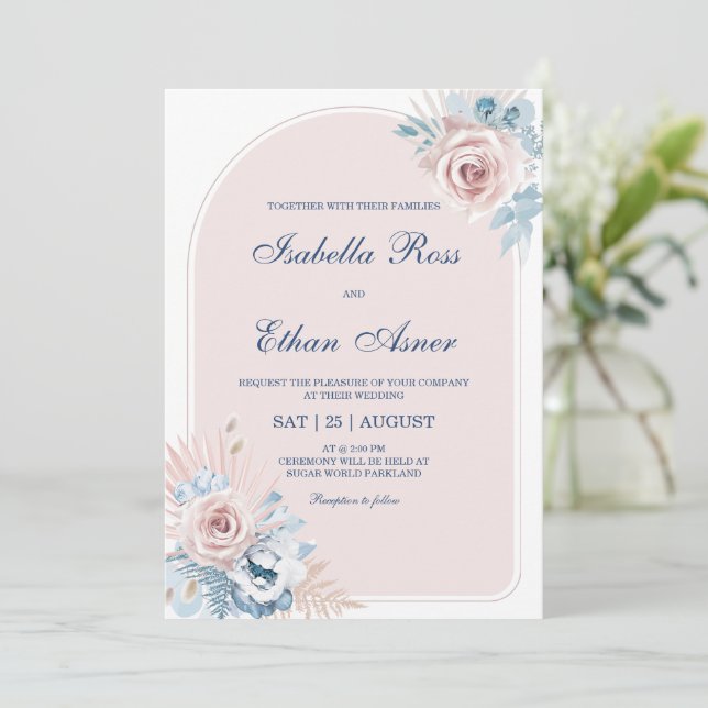 Invitación Boda de Azul Polvo y Rosa Rubor (Anverso de pie)
