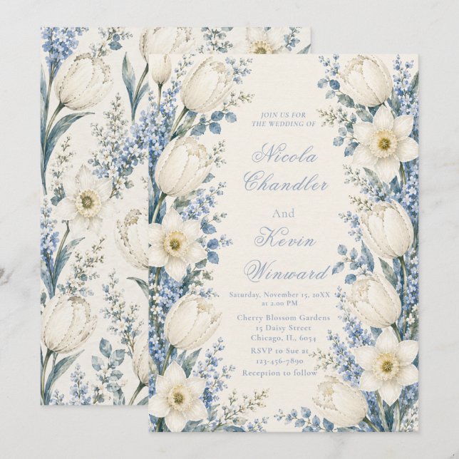Invitación Boda de azul polvoriento y blanco (Anverso / Reverso)
